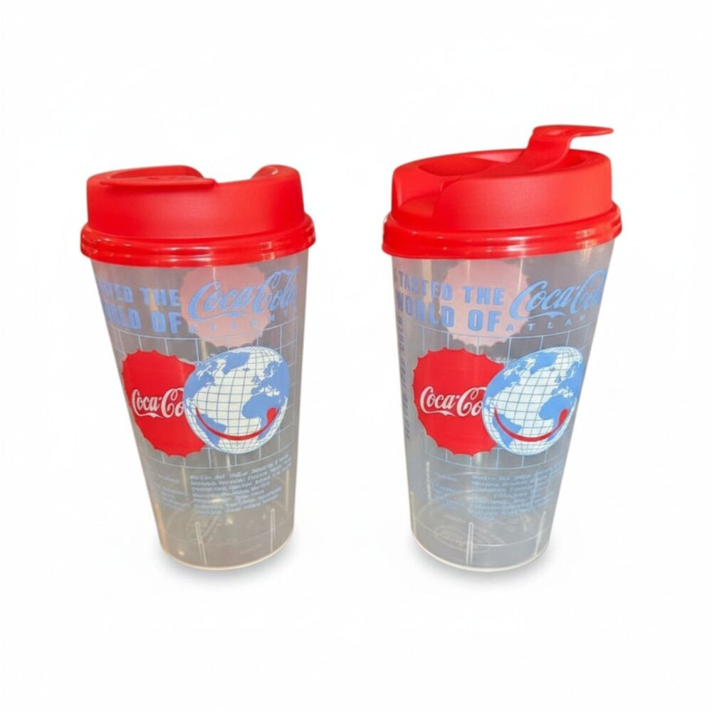 World of Coca-Cola Atlanta Souvenir Cups Set of 2 w/Lids 16oz